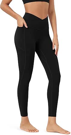 ODODOS Cloud Feeling Gathered Cross Waist Leggings with Pockets for Women 25" / 28" Crossover Lounge Yoga Pants