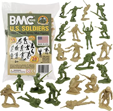 BMC Marx Plastic Army Men US Soldiers - Green vs Tan 38pc WW2 Figures - Made in USA