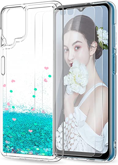 LeYi Compatible with Samsung Galaxy A12 Case with [2 Pack] Tempered Glass Screen Protector for Girls Women, Glitter Diamond Clear Phone Case for Samsung A12, Turquoise