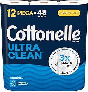 Cottonelle Ultra Clean Toilet Paper, Strong Toilet Tissue, 12 Mega Rolls (12 Mega Rolls = 48 Regular Rolls), 284 Sheets Per