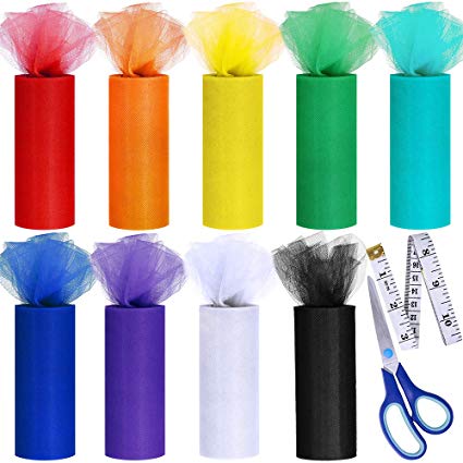 Supla 9 Colors Rainbow Tulle Rolls Tulle Netting Rolls Tulle Fabric Spool Ribbon 6" Wide 25 yards/spool and Sewing Scissors Body Measuring Ruler for Table Skirt Rainbow Party Tulle Skirt Dress