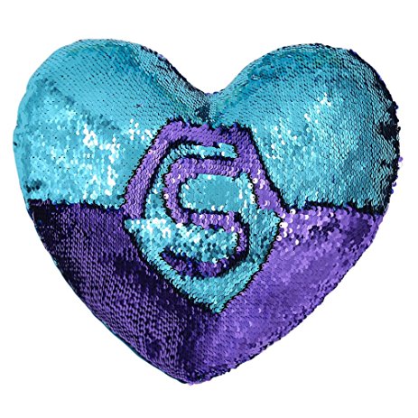 Mermaid Throw Pillows,Two-color Reversible Sequins Mermaid Heart-Shaped Pillow Cover with Insert 13''×15''(Bright Green/Purple)