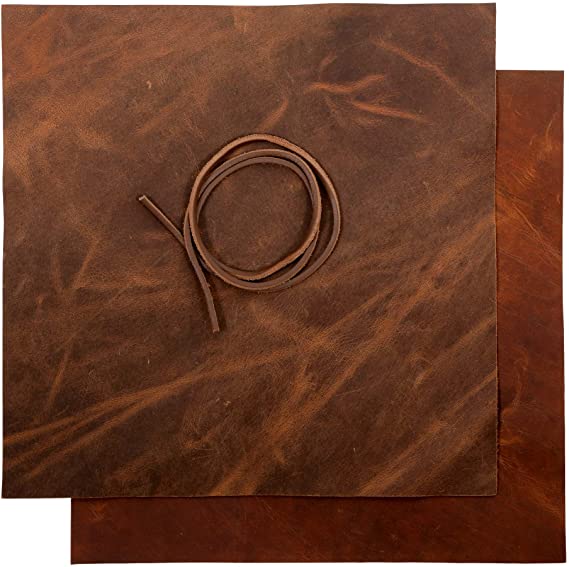 Real Leather Fabric Leather Sheets for Leather Earrings, Leather Wallet & Crafts – Genuine Full Grain Buffalo Leather, Not Faux Leather Sheets – Dark & Russet Brown (2 Sheets   Leather Cord)