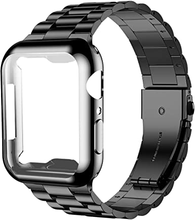 iiteeology Compatible with Apple Watch Band 44mm SE/Series 6 5 4, Upgraded Stainless Steel Link Replacement Band with iWatch Screen Protector Case Black/Black