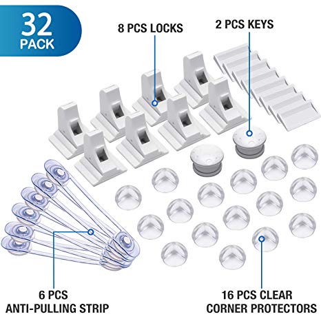 Baby Proofing Kit, 32 Pcs Child Safety Cupboard Locks - 8 Cupboard Locks 2 Keys, 16 Corner Protectors, 6 Baby Safety Cupboard Straps, No Drill Required- Best Baby Safety Set