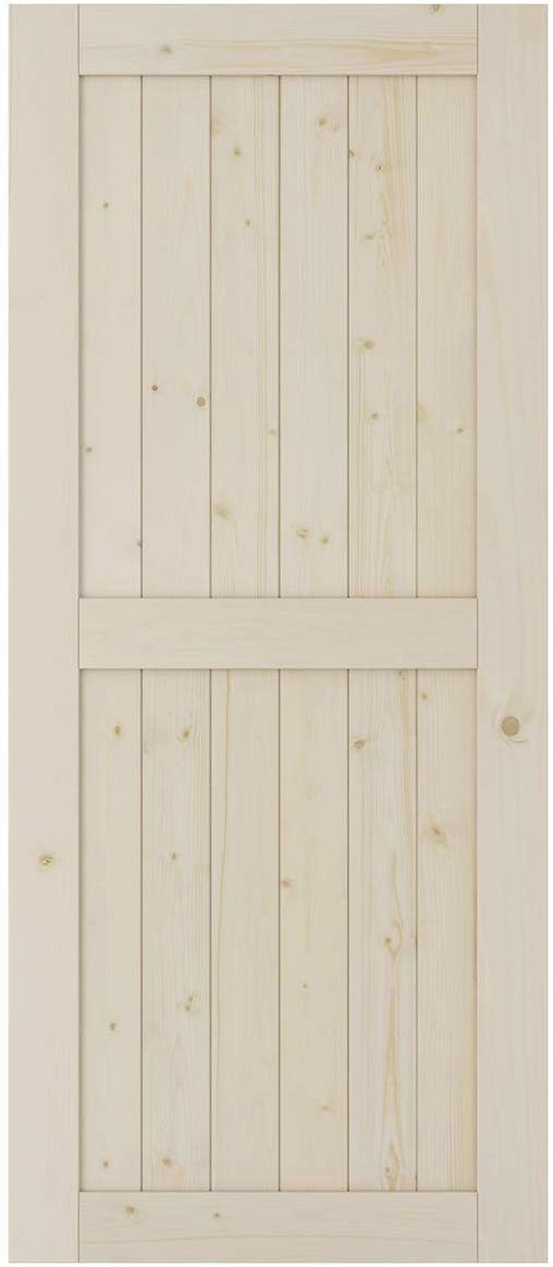 SmartStandard 36in x 84in Sliding Barn Wood Door Pre-Drilled Ready to Assemble, DIY Unfinished Solid Spruce Wood Panelled Slab, Interior Single Door Only, Natural, H-Frame (Fit 6FT -6.6FT Rail)