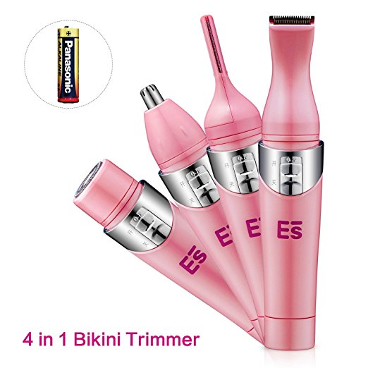 Bikini Trimmer, 4 in 1 Women Shaver Eyebrow Trimmer Nose Trimmer Battery Operated Bikini Grooming Kit Mini Portable Design Women Groomer Kit for Bikini Area/ Armpit / Arm / Leg (Pink)