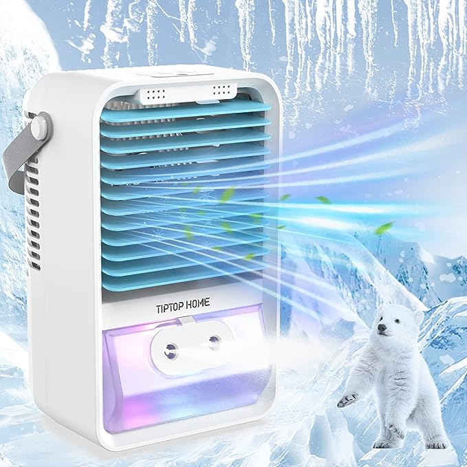 Aire Acondicionado Portátil, Mini Enfriador de Aire Portátil 4 en 1 USB Recargable de Hielo&Humidificador Función, 3 Velocidades Mini Aire Acondicionado para el Hogar, Oficina