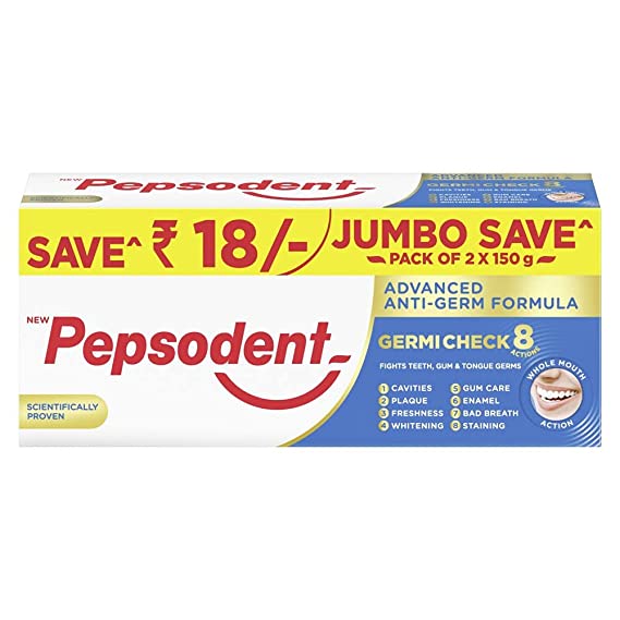 Pepsodent Germicheck 8 Actions, Whole Mouth Toothpaste With Anti-Germ Formula, Clove And Neem Oil, 300 g Jumbo Save Pack