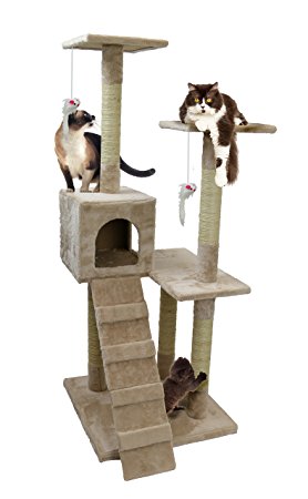 Large Cat Tree House - 4 Foot Tall Soft Felt Carpet Climbing Play Tower and Scratcher for Pets to Play, Scratch and Rest – Three Levels with Ramps, Fort and Mouse Toys – Easy Assembly – by Petlo