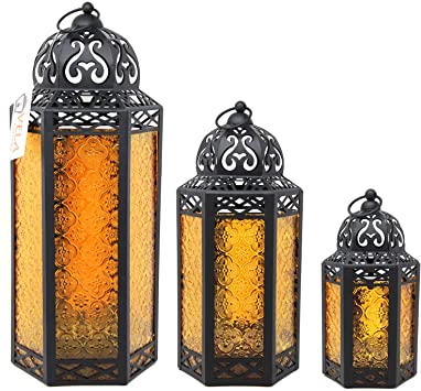Moroccan Style Candle Lanterns, Amber Glass, Set of 3