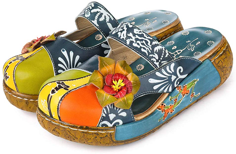 gracosy Leather Slipper, Women's Oxford Slipper Vintage Slip-Ons Mule Clog Colorful Flower Backless Loafer Shoes