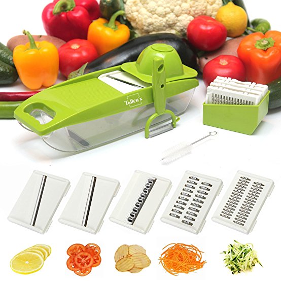 Deluxe Mandoline Slicer with Peeler-5 Interchangeable Stainless Steel Blades, Cleaning Brush, ABS Premium Plastic! Cheese Grater, Julienne Slicer, Safety Hand Guard Included-FREE Ebook-ByTallen's