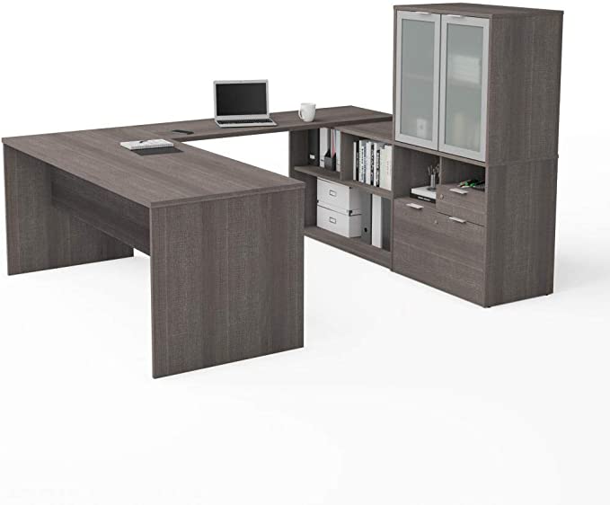 Bestar i3 Plus Collection, Modern L or U-Shaped Executive Office Desk with Frosted Glass Doors Hutch