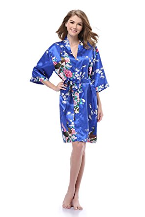 Sunnyhu Women's Kimono Robe, Peacock & Blossoms Design, Short