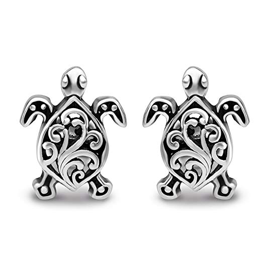 925 Oxidized Sterling Silver Small Little Filigree Sea Turtle 11 mm Post Stud Earrings