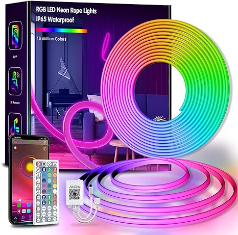 KIKO Neon Lights,16.4ft/5m RGB LED Neon Rope Light with Remote Control, Neon Strip Light Smart Color Changing Neon Flex LED Strip Lights