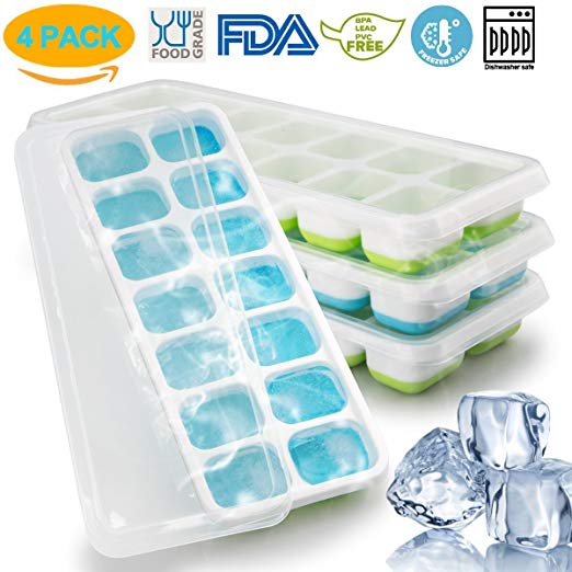 Safetyland 4 Packs Ice Cube Tray, LFGB Certified BPA Free Ice Cube Tray Moulds with Non-Spill Lid, Best for Freezer, Baby Food, Water, Cocktail and Other Drink