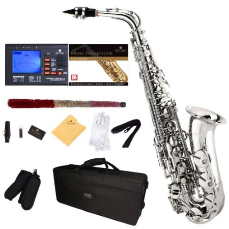Mendini by Cecilio MAS-N92DPB Nickel Plated E Flat Alto Saxophone with Tuner Case Mouthpiece 10 Reeds and More