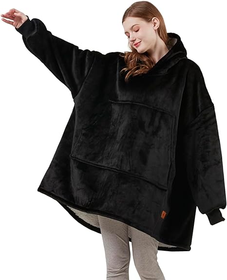Degrees of Comfort Wearable Blanket Hoodie For Women Adults, Cozy Oversized And Warm Sherpa Lined Sweatshirt Blankets, Black, 38x32 Inch