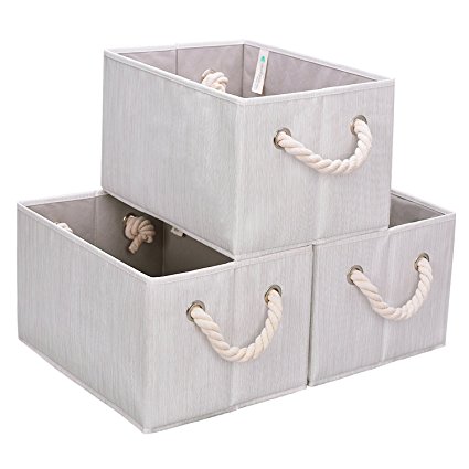 StorageWorks Storage Bin with Cotton Handles, 3-Pack, White (Bamboo Style), Large