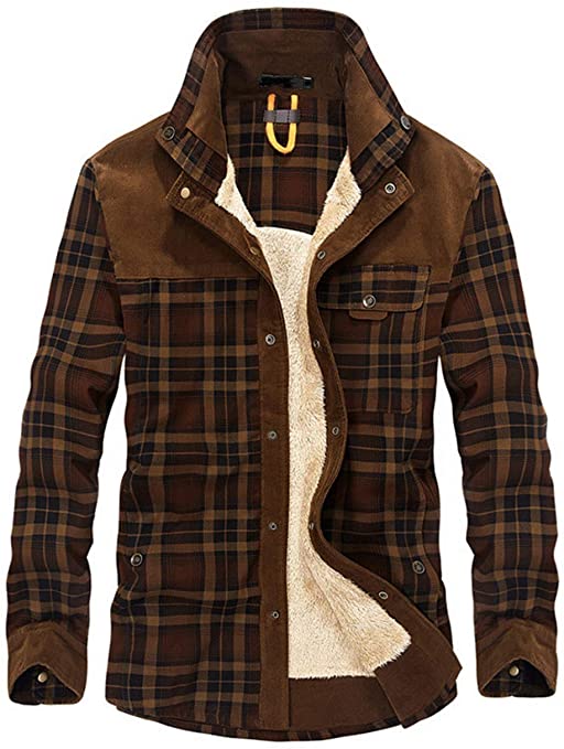 Haellun Men's Long Sleeve Sherpa Lined Shirt Jacket Flannel Plaid Fleece Coats