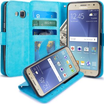 J7 Case, LK [Kickstand Feature] Luxury PU Leather Wallet Case Flip Cover Built-in Card Slots & Stand for Samsung Galaxy J7, SKY BLUE