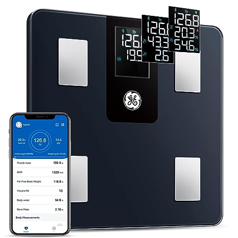 GE Smart Scale for Body Weight Fat Percentage, Digital Bathroom Rechargeable Weight Scales Bluetooth Body Composition Fat Scale, Accurate Weighing Scale for Body Weight, BMI and More, 396 lbs