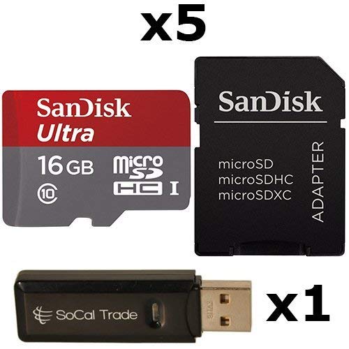 5 PACK - SanDisk 16GB MicroSD HC Ultra Class 10 UHS-1 TF MicroSDHC TransFlash High Speed Memory Card SDSDQUAN-016G 16G 16 GB GIGS (M.B16U.RTx5.550) LOT OF 5 with USB SoCal Trade© SCT Dual Slot MicroSD & SD Memory Card Reader - Retail Packaging