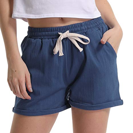Gooket Women's Elastic Waist Casual Comfy Cotton Linen Beach Shorts with Drawstring