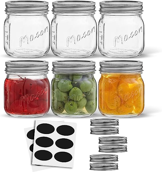 8 Oz Mason Jars With Lids, Labels and Measures! 6-Pack Regular Mouth Mason Jars, Glass Jar with Lid and Band. Airtight Canning Jars, Overnight Oats Jars, Salad Jars, Sourdough Starter Jar