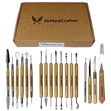 Skilled Crafter Clay Tools Set. 18 Double Ended, Quality Birch Wood & Stainless Steel Carvers for Sculpting, Detailing, Modeling & Pottery Carving. Best for Sculpey, Polymer, Ceramics, Dough, Wax etc