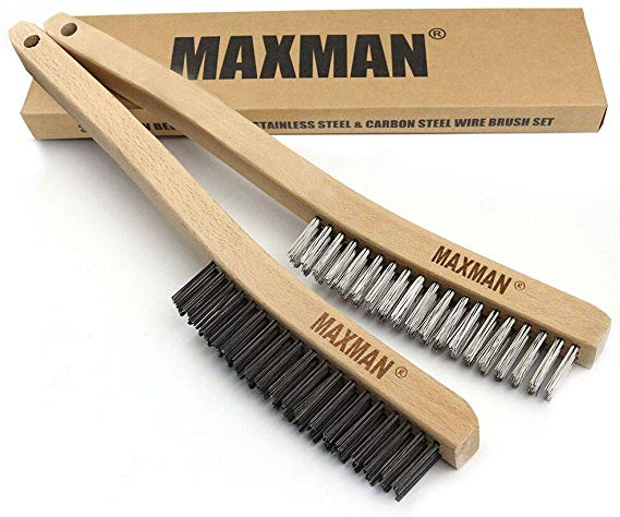 MAXMAN Wire Scratch Brushes Set Heavy Duty Stainless Steel and Carbon Steel Wire Brush with Curved Wood Handle 14" 2 Pieces
