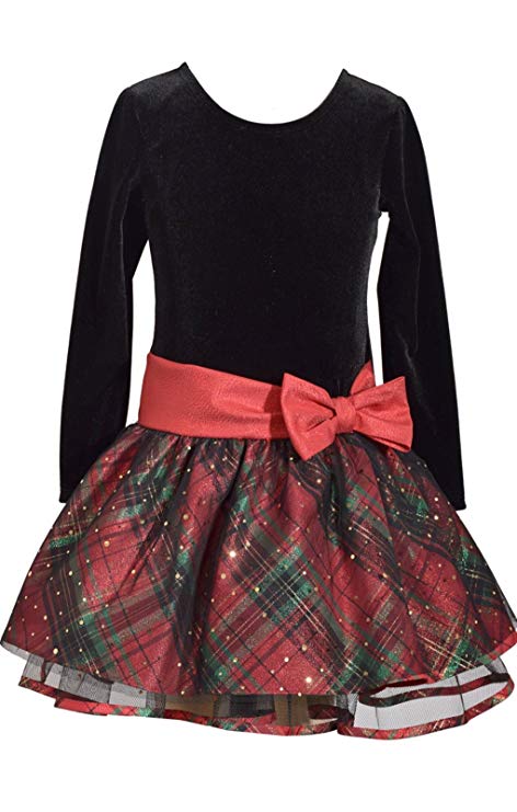 Bonnie Jean Long Sleeve Christmas Dress with Black Velvet and Red Tartan Plaid