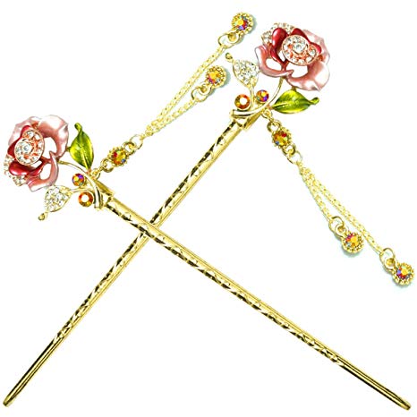 YOY Fashion Hair Decor Chinese Traditional Style Hair Sticks Shawl Pins Picks Pics Forks for Women Girls Hair Accessory 6-inch with Enamel Flower Set of 2, Pink