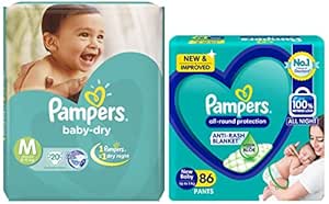 Pampers All round Protection Pants, New Born, Extra Small size baby diapers (NB,XS) 86 Count, Lotion with Aloe Vera & Pampers Taped Diapers Medium, (MD), 20 count