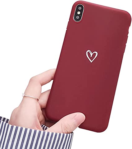 Ownest Compatible with iPhone X Case,iPhone Xs Case for Soft Liquid Silicone Heart Pattern Slim Protective Shockproof Case for Women Girls for iPhone X/XS Case-Red Wine
