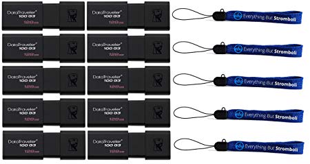 Kingston 128GB Digital Data Traveler 3.0 USB Flash Drive DT100G3 (10 Pack Bulk Bundle) High Speed Memory Stick Thumb Drive (DT100G3/128GB) Plus (5) Everything But Stromboli (TM) Lanyards