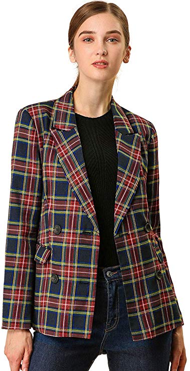 Allegra K Women's Notched Lapel Double Breasted Plaid Formal Blazer Jacket