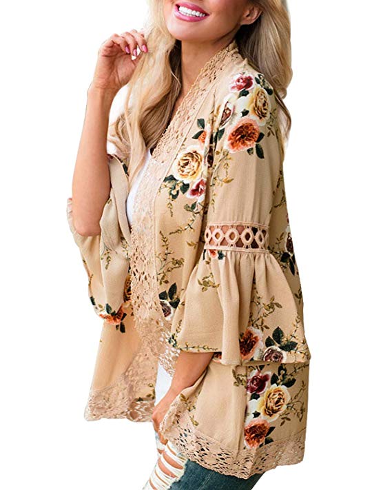 Young17 Women's Boho Floral Print Kimono Tops Trumpet Sleeve Cover up Cardigans