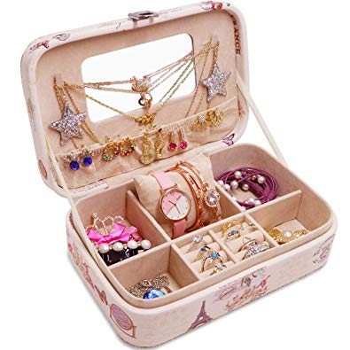 Faneam Jewellery Box, Faux Leather Jewelry Organizer Box, Jewelry Storage Box with Mirror for Ring Earring Necklace Watch