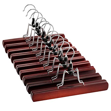 ZOBER Premium Wooden Pants Hangers (Set of 10) Solid Lacquered Non Slip Trouser Hanger, Cloth Safe Lock Skirt hangers, 360 Degree Swivel Hook, for Skirts, Pants, Jeans, Slacks, Shorts, (Cherry Wood)