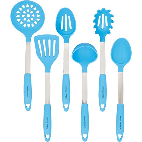 Light Blue Cooking Utensil Set - Stainless Steel & Silicone Heat Resistant Kitchen Tools - Ladle, Spatula, Mixing & Slotted Spoon, Pasta Fork Server, Drainer - Bonus Ebook!