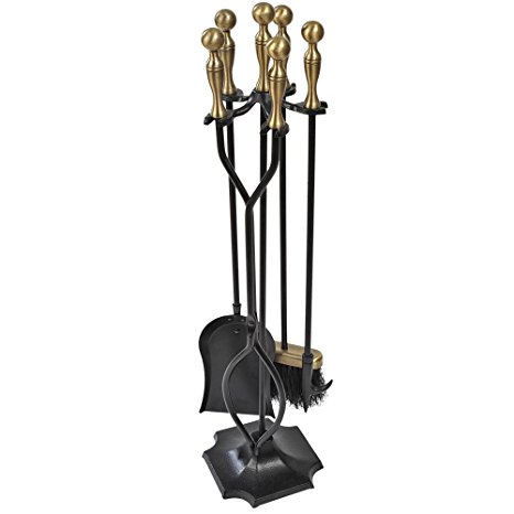 5 Pieces Fireplace Tools Sets Brass Handles Wrought Iron Fire Place Tool Set and Holder Outdoor Fireset Fire Pit Stand Rustic Tongs Shovel Antique Brush Chimney Poker Wood Stove Hearth Accessories Kit