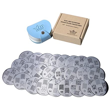 PUEEN Nail Art Stamp Collection Set 25F - NEW Unique Set of 25 Nailart Polish Stamping Manicure Image Plates Accessories Kit (Totaling 150 Images) - New Batch with Display & Storage Case-BH000019