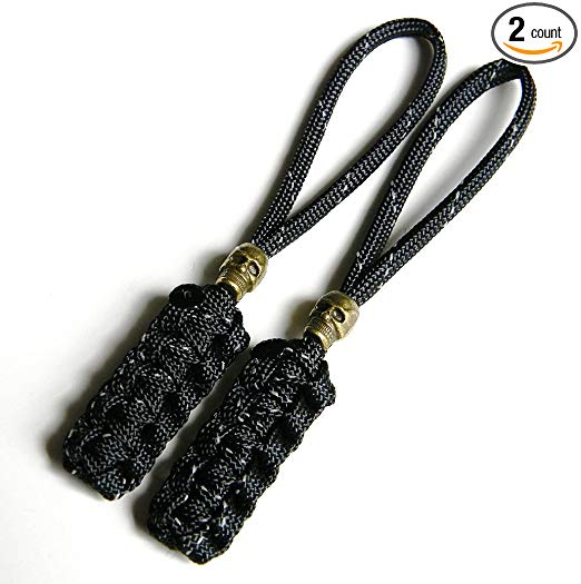 2 Reflective Black Paracord Zipper Pulls or Knife Lanyards With Bronze Skull Alloy Beads