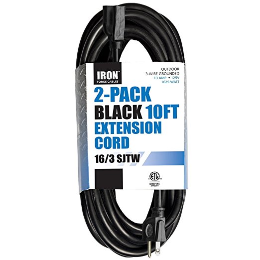 2 Pack of 10 Ft Outdoor Extension Cords - 16/3 Durable Black Extension Cord Pack