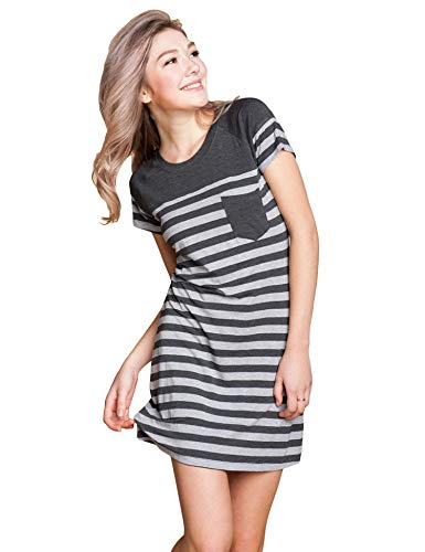 Suntasty Women's Sleep Shirt Cotton Soft Stripes Short Sleeve Crewneck Nightgown