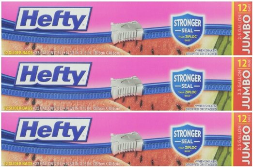 Hefty Slider 2.5 Gallon Jumbo Storage Bags, 12 Count (Pack of 3) 36 Bags Total