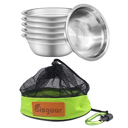 Bisgear 6pcs Backpacking Camping Stainless Steel 6 inch Bowl   Carabiner   Dishcloth Mess Kit Set with Mesh Travel Bag Lightweight Dinnerware Round BPA Free Serving Bowls for Outdoor Bug Out